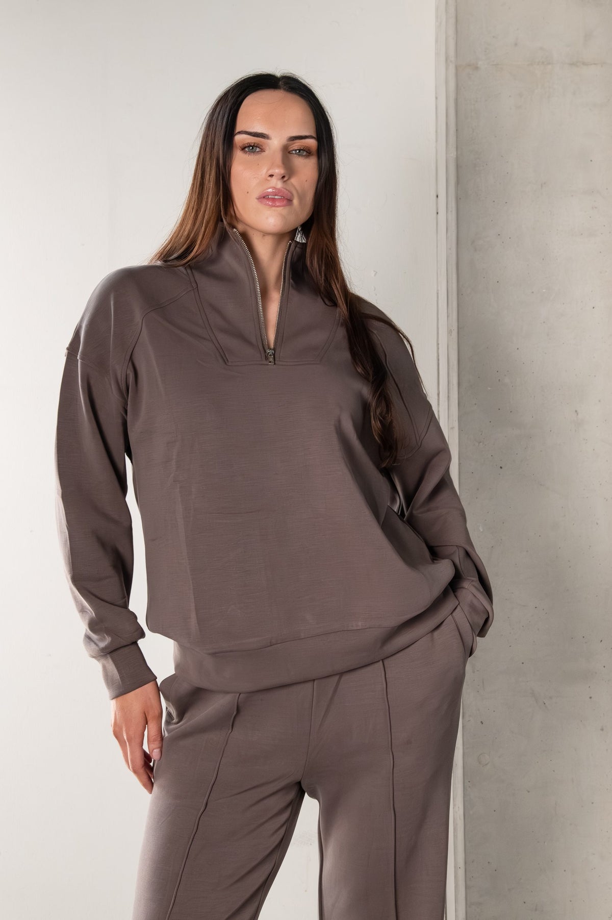 Tatiana Active Cairo Chocolate Brown Quarter Zip Sweater Wide Leg Trousers Lounge Wear Set 2