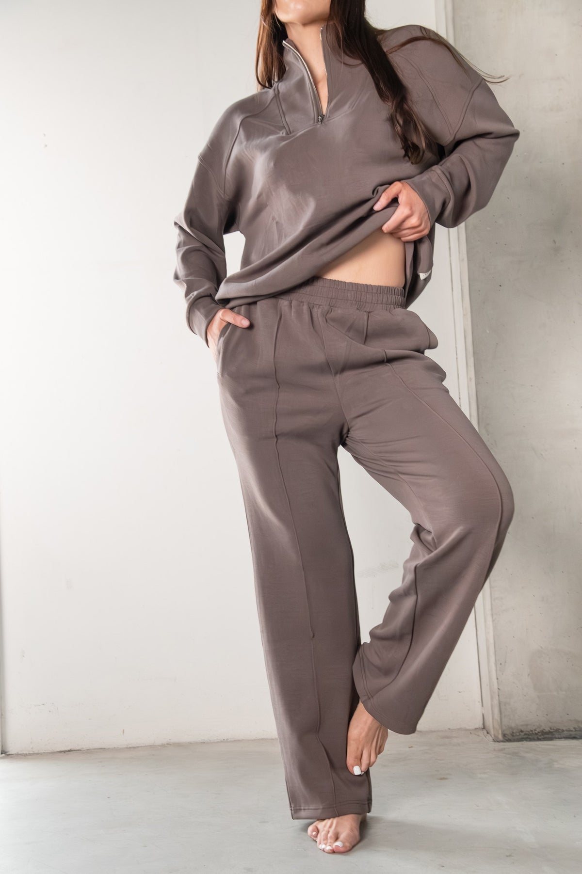 Tatiana Active Cairo Chocolate Brown Quarter Zip Sweater Wide Leg Trousers Lounge Wear Set 5
