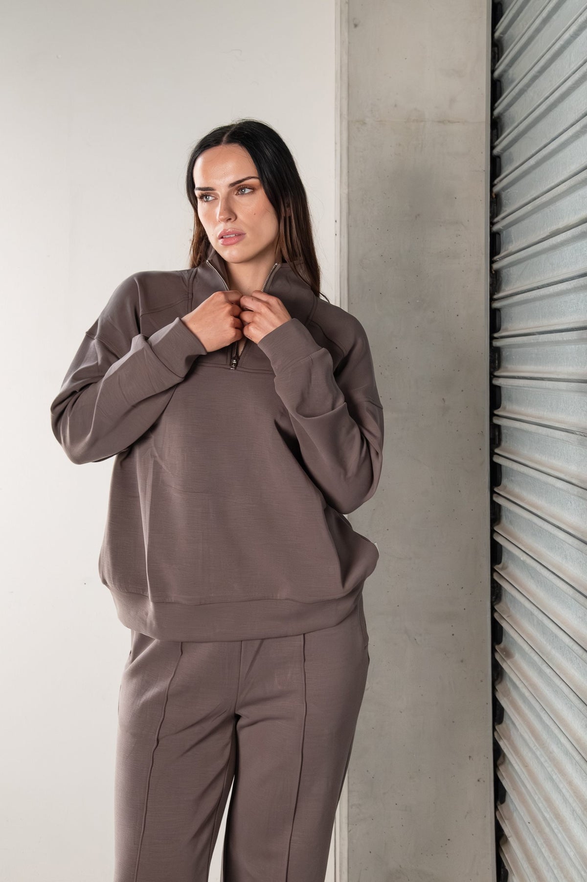 Tatiana Active Cairo Chocolate Brown Quarter Zip Sweater Wide Leg Trousers Lounge Wear Set 7