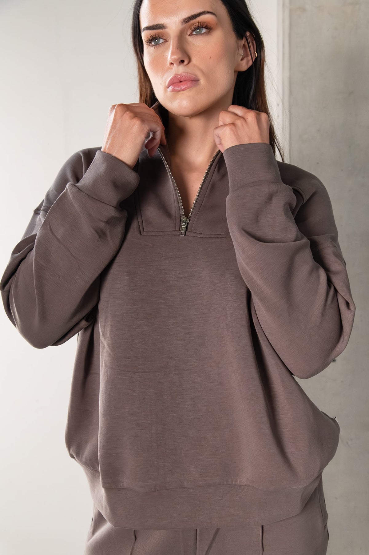 Tatiana Active Cairo Chocolate Brown Quarter Zip Sweater Wide Leg Trousers Lounge Wear Set 8