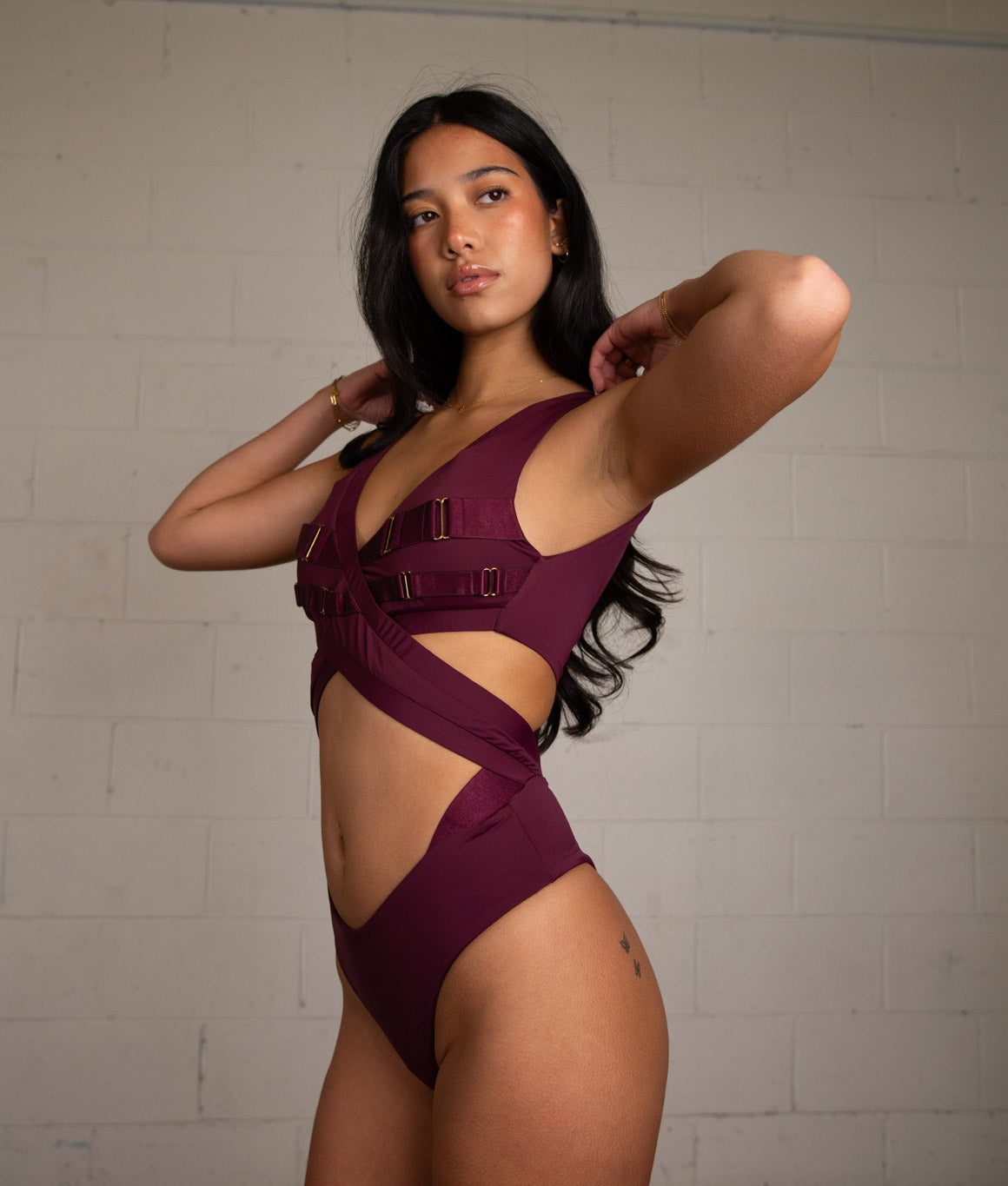 Dance Pretty Bodysuits Matte Wine V-Neck Cut Out Pole Bodysuit