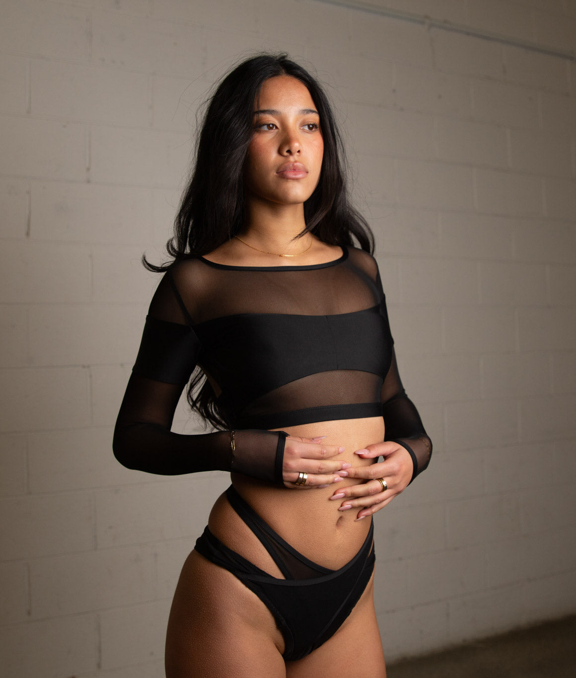 Agnes Mesh Backless Long Sleeve Crop Top - Matte Black
