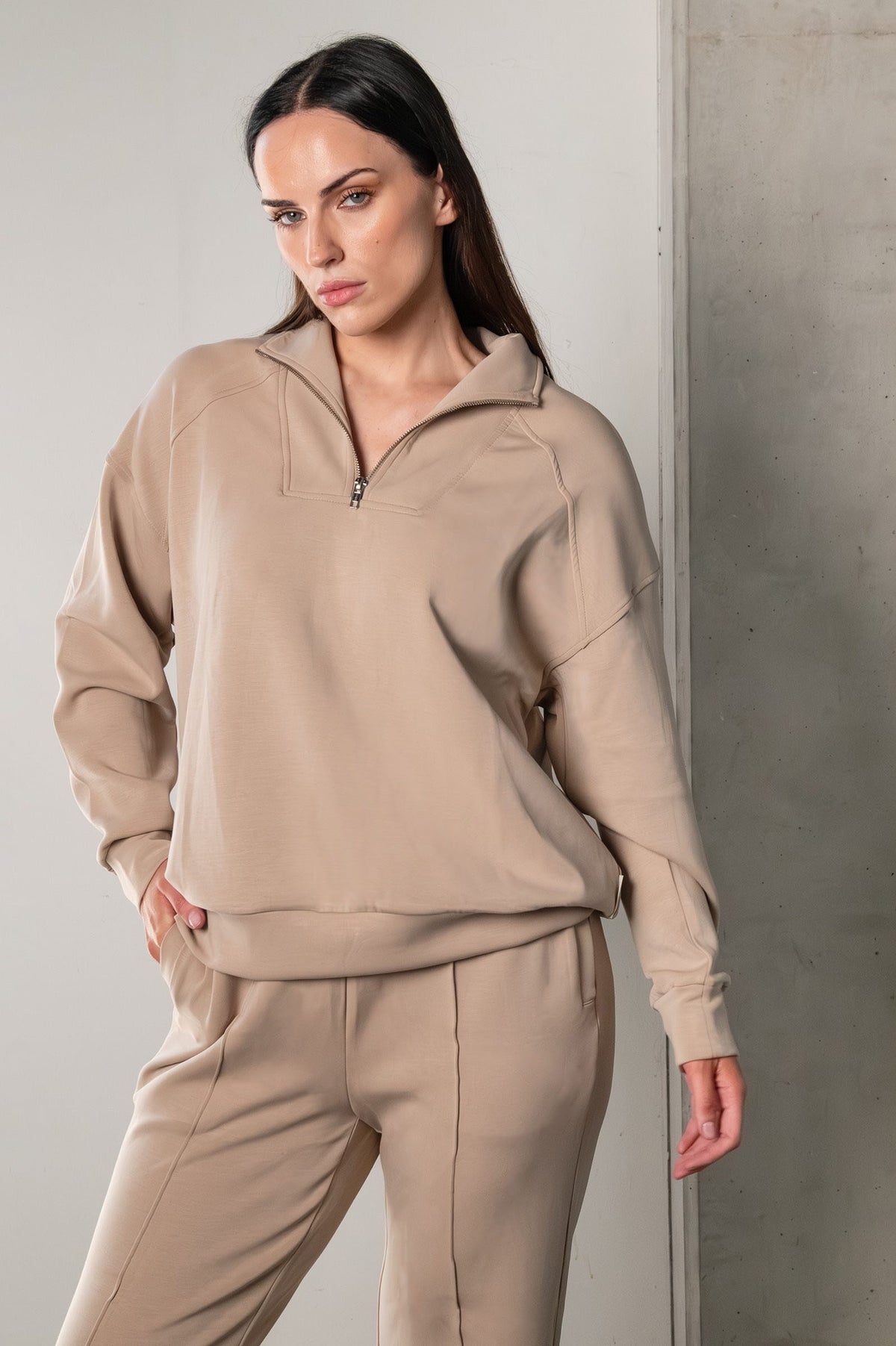 Tatiana Active Cairo Creamy Latte Quarter Zip Sweater Wide Leg Trousers Lounge Wear Set 1
